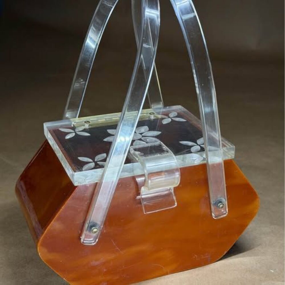 Vintage 1950s Tortoise Butterscotch Lucite Box Purse Clear Carved Floral Lid